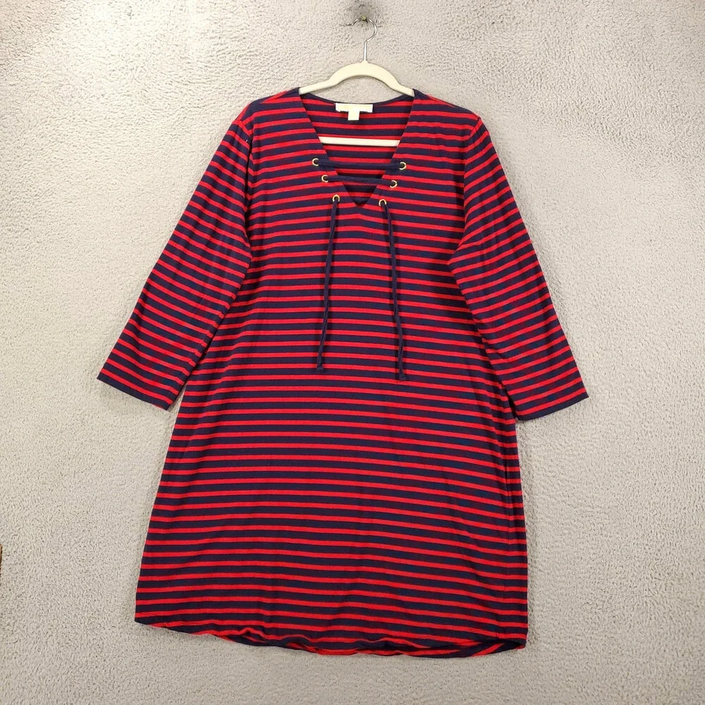 Michael Kors Lace Up Neck Dress Womens XL Shift Knit Striped Red Blue